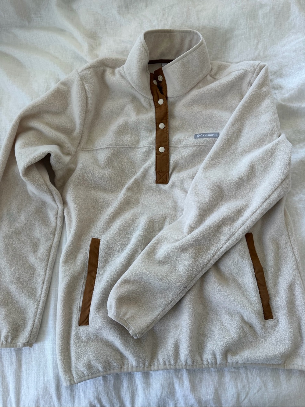 Columbia Cream Fleece Pullover with Brown Trim